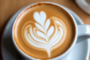 Cappuccino con arte latte cremosa in tazza ceramica